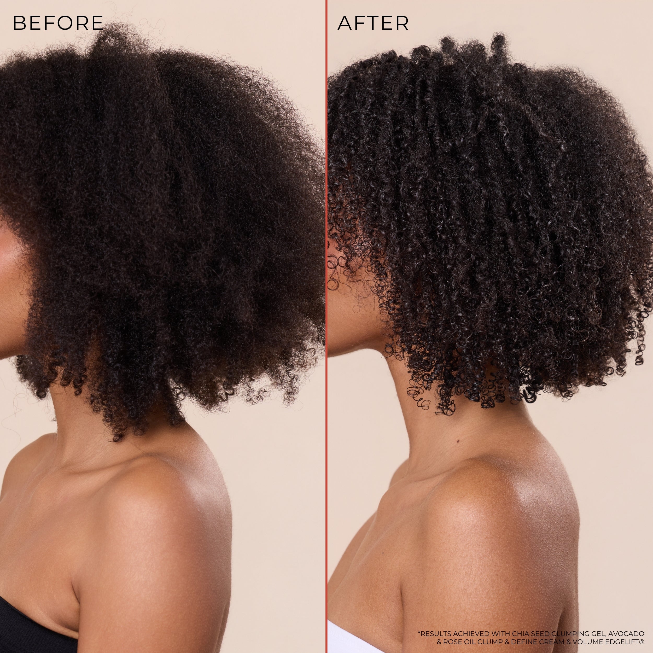 Before and after comparison of a person's hair showing volume and curl definition. The left side labeled 'BEFORE' shows looser, less defined curls, and the right side labeled 'AFTER' shows tighter, more defined curls.