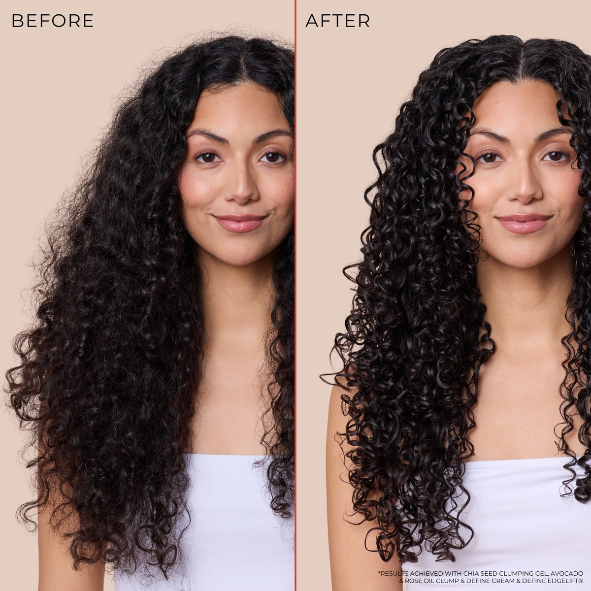 Before and after comparison of a woman with long, curly dark hair, showing improved definition and volume from a hair product. The left side is labeled BEFORE and shows looser curls; the right side is labeled AFTER and shows tighter, more defined curls.