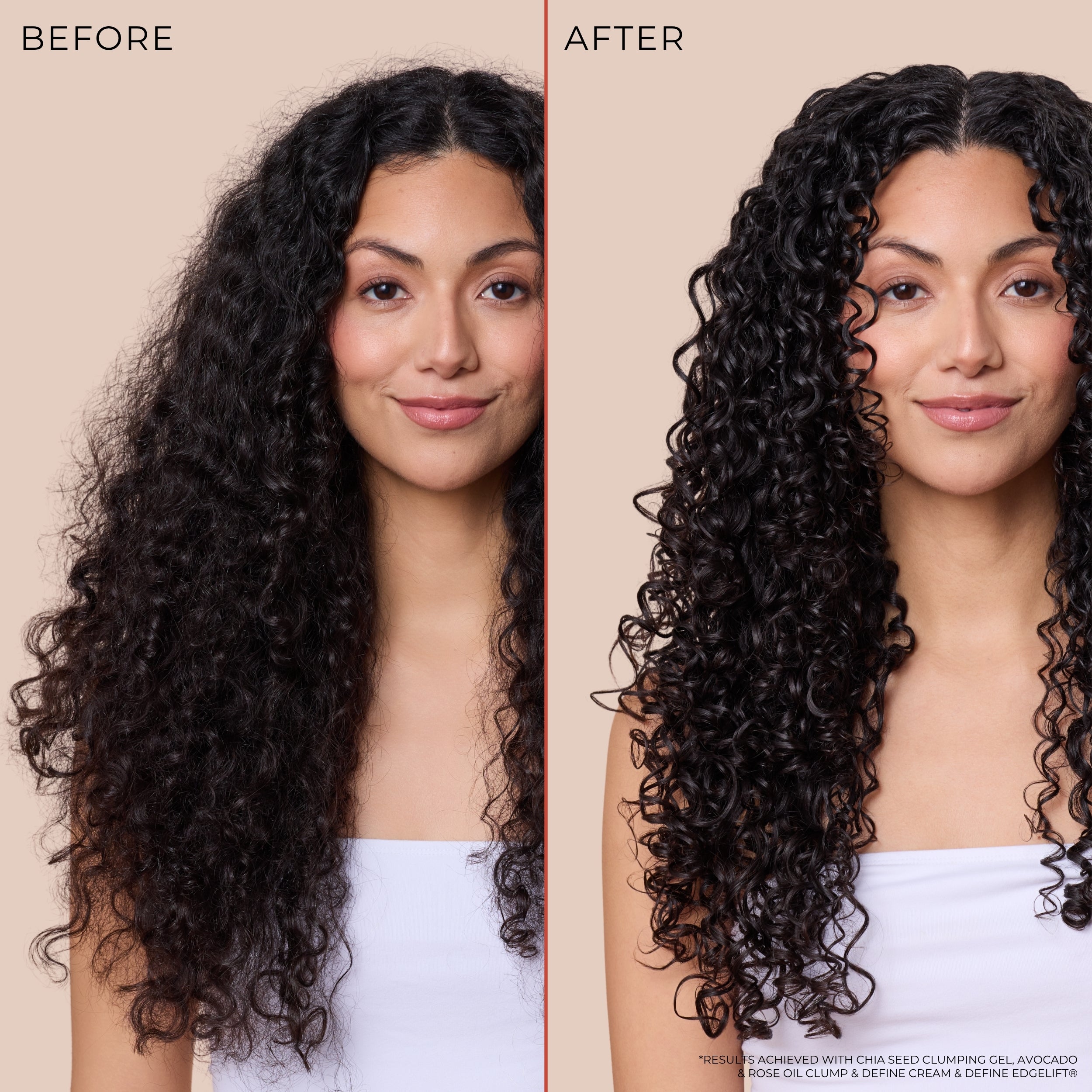 Before and after comparison of a woman with long, curly dark hair, showing improved definition and volume from a hair product. The left side is labeled BEFORE and shows looser curls; the right side is labeled AFTER and shows tighter, more defined curls.