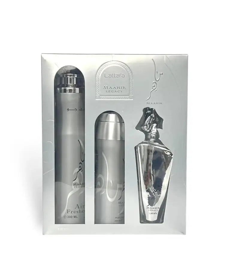 Lattafa Maahir Legacy EDP, Perfumed Spray &amp; Air freshener Set