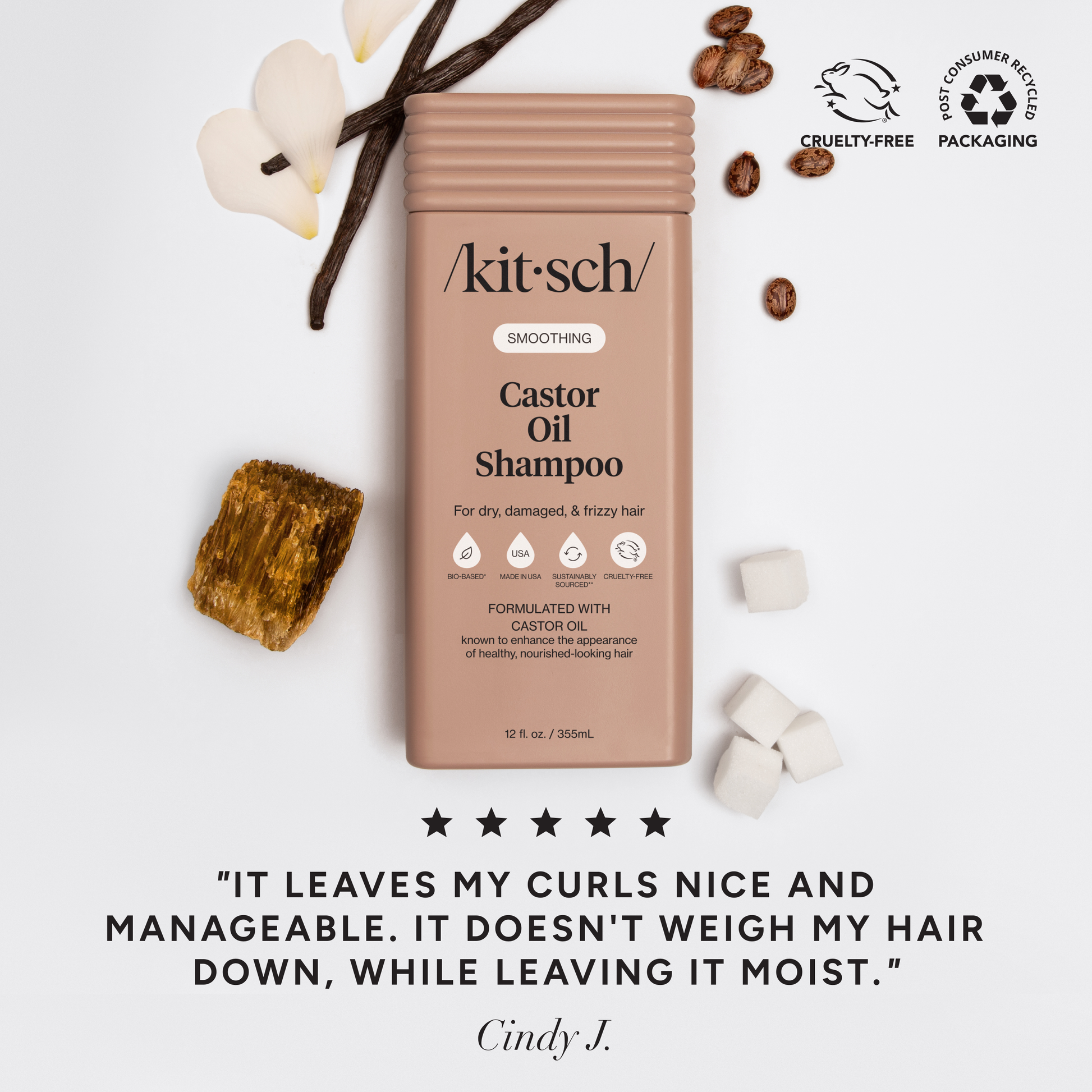 Kitsch Castor Oil Shampoo bottle with natural ingredients on a light background