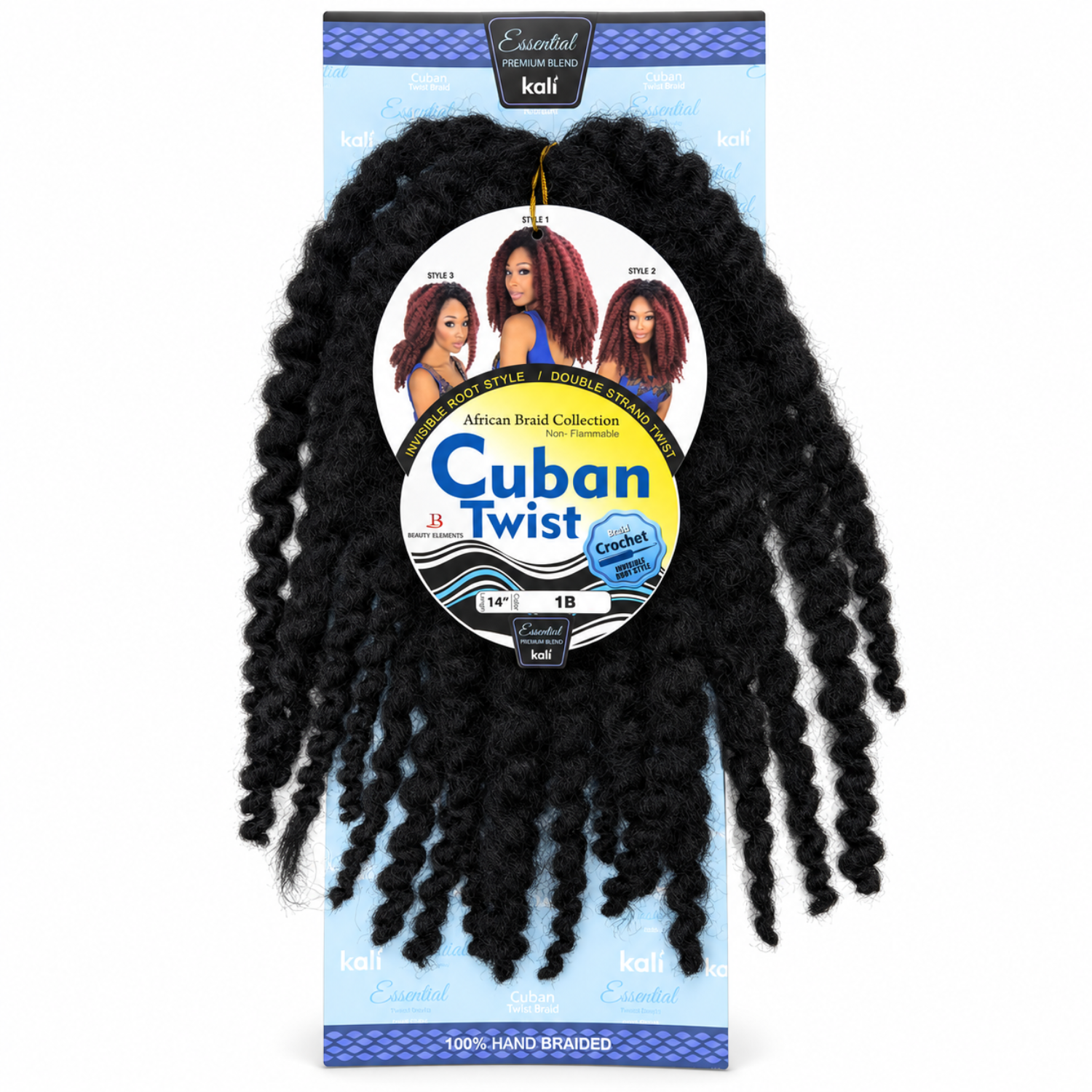 Kali Essential Cuban Twist Crochet Hair 14" in Colour 1B Natural Black, pre-twisted crochet braiding hair with a full textured finish for protective styles.