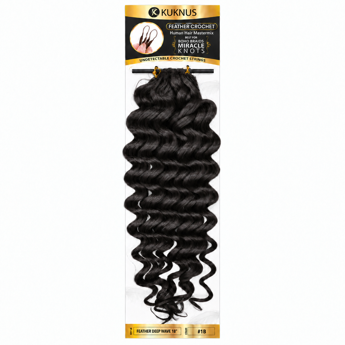 Kuknus Feather Crochet Human Hair Mastermix Deep Wave 18" in colour 1B (Natural Black)