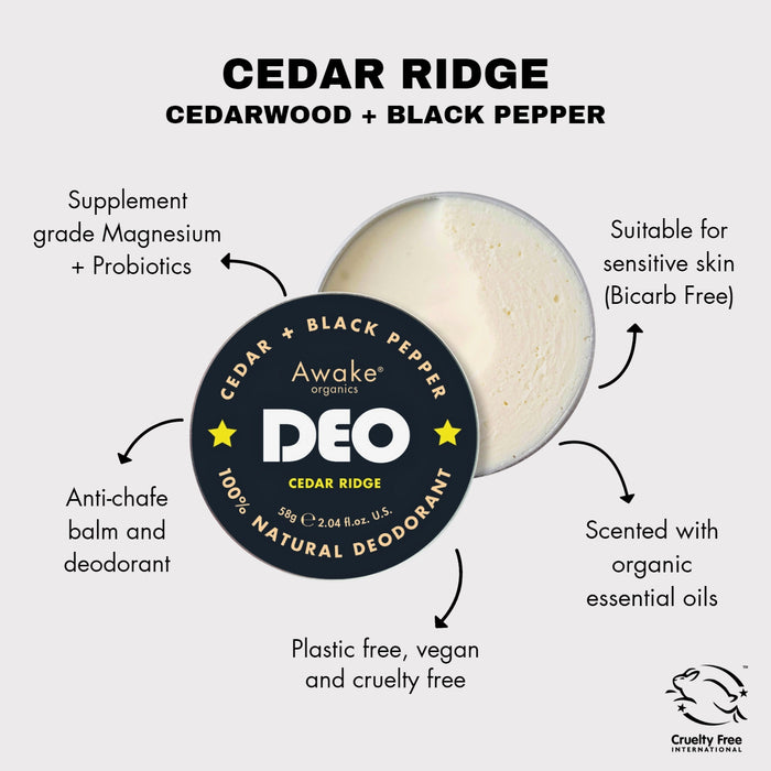 Awake Organics Deo Natural Deodrant Cedar Ridge Cedar + Black Pepper 58g