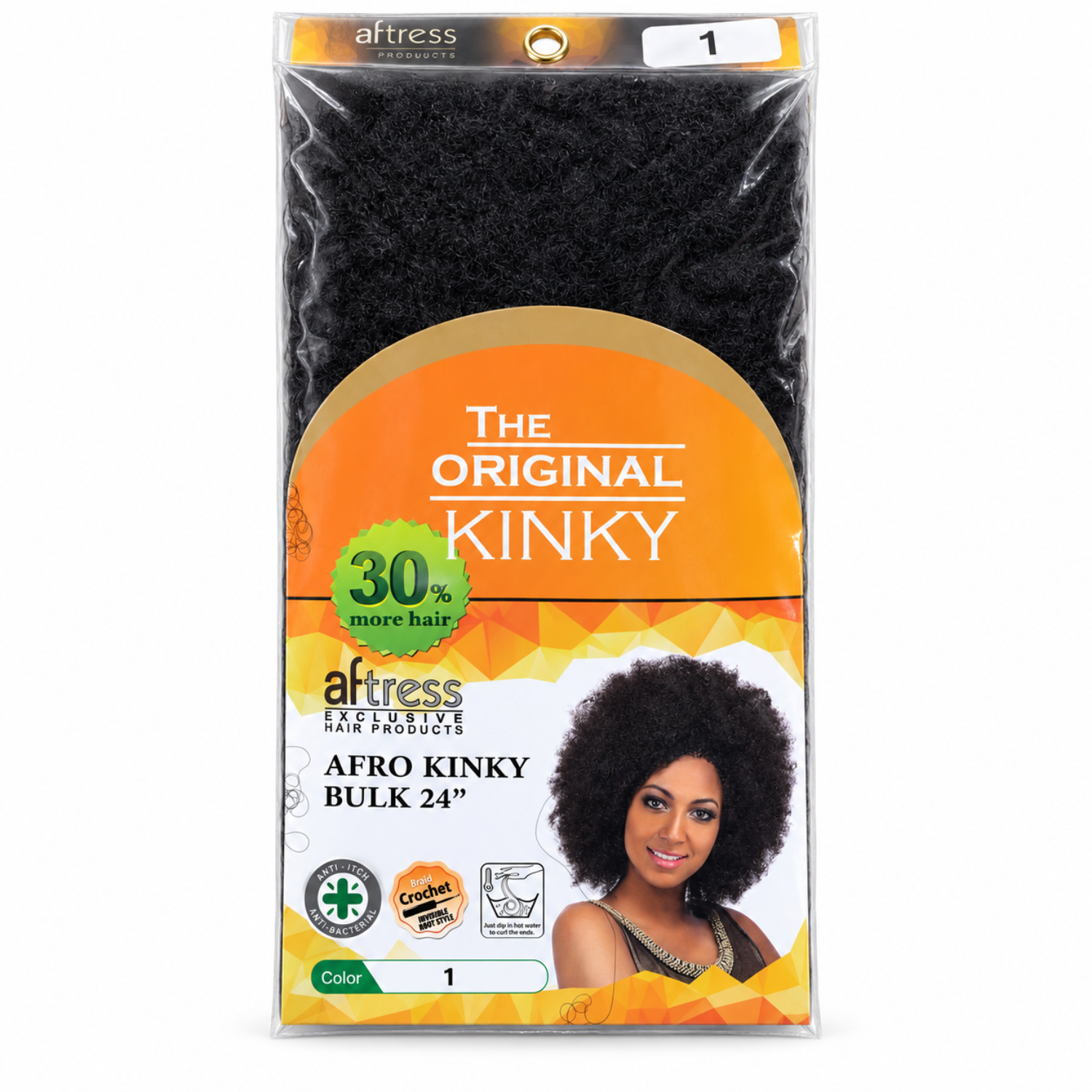 Aftress The Original Afro Kinky Bulk Braiding Hair 24" in Colour 1 Black, shown in the original Aftress retail packaging with tightly coiled kinky-textured bulk hair.