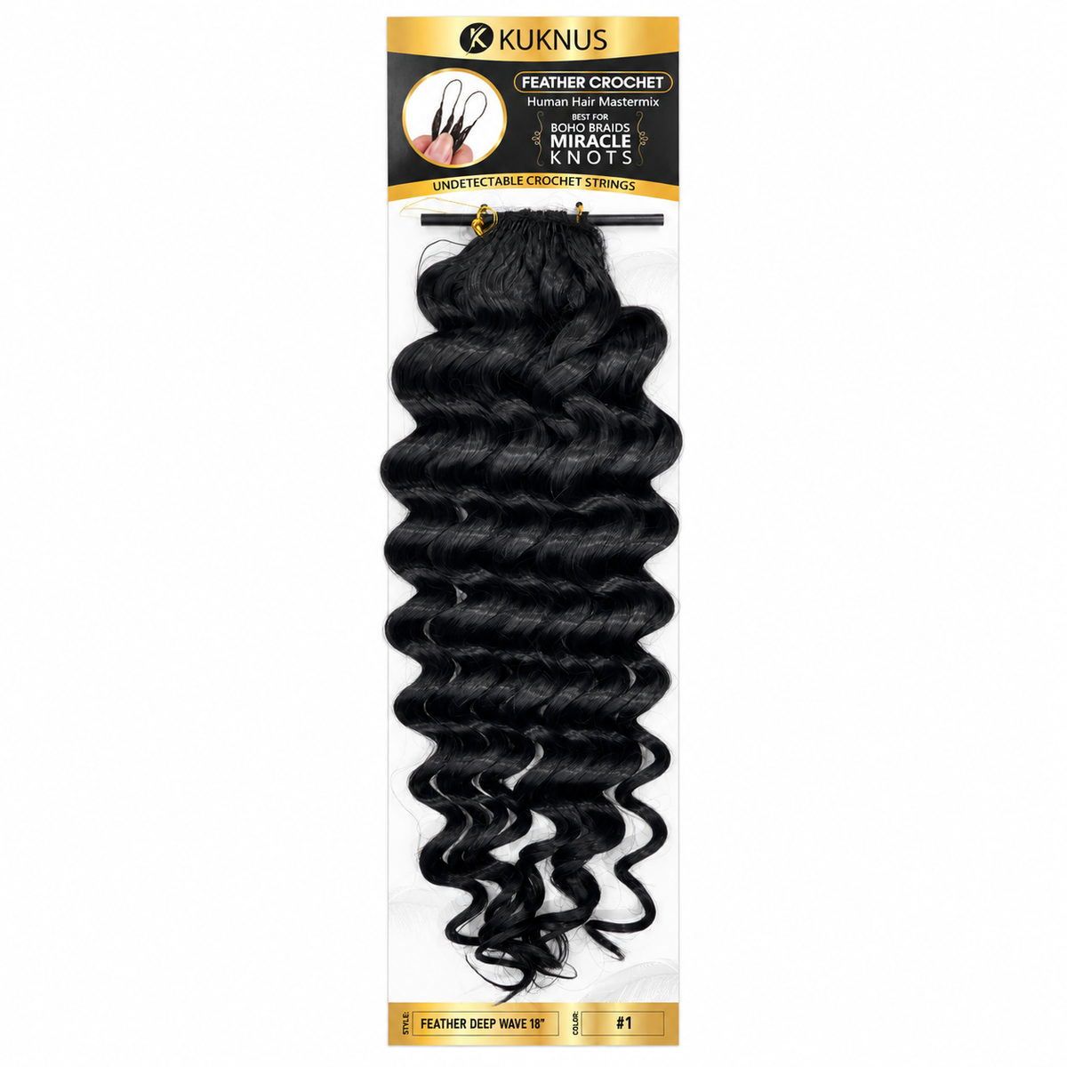 Kuknus Feather Crochet Human Hair Mastermix Deep Wave 18" in Colour 1 (Jet Black)