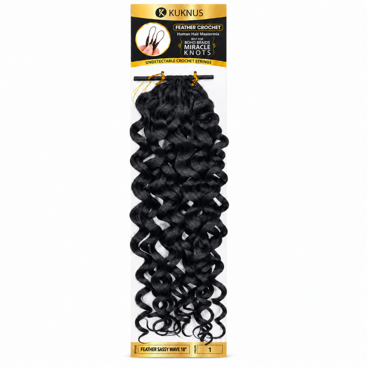 Kuknus Feather Crochet Human Hair Mastermix Sassy Wave 18" in colour 1 (Jet Black)