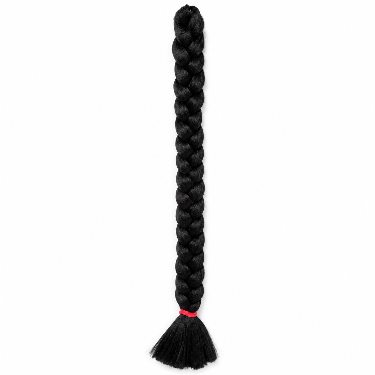 1b natural black long synthetic braiding hair extension in a neat three-strand braid with a smooth tassel end secured by a red elastic band, isolated on a clean white background.