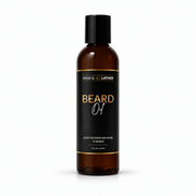 A 4 fl oz amber glass bottle of Bask & Bother Beard Oil with a black cap and black label featuring gold and white text, set against a plain white background.