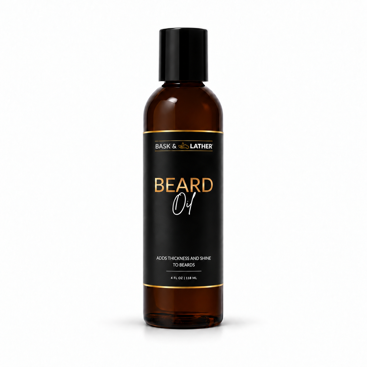 A 4 fl oz amber glass bottle of Bask & Bother Beard Oil with a black cap and black label featuring gold and white text, set against a plain white background.