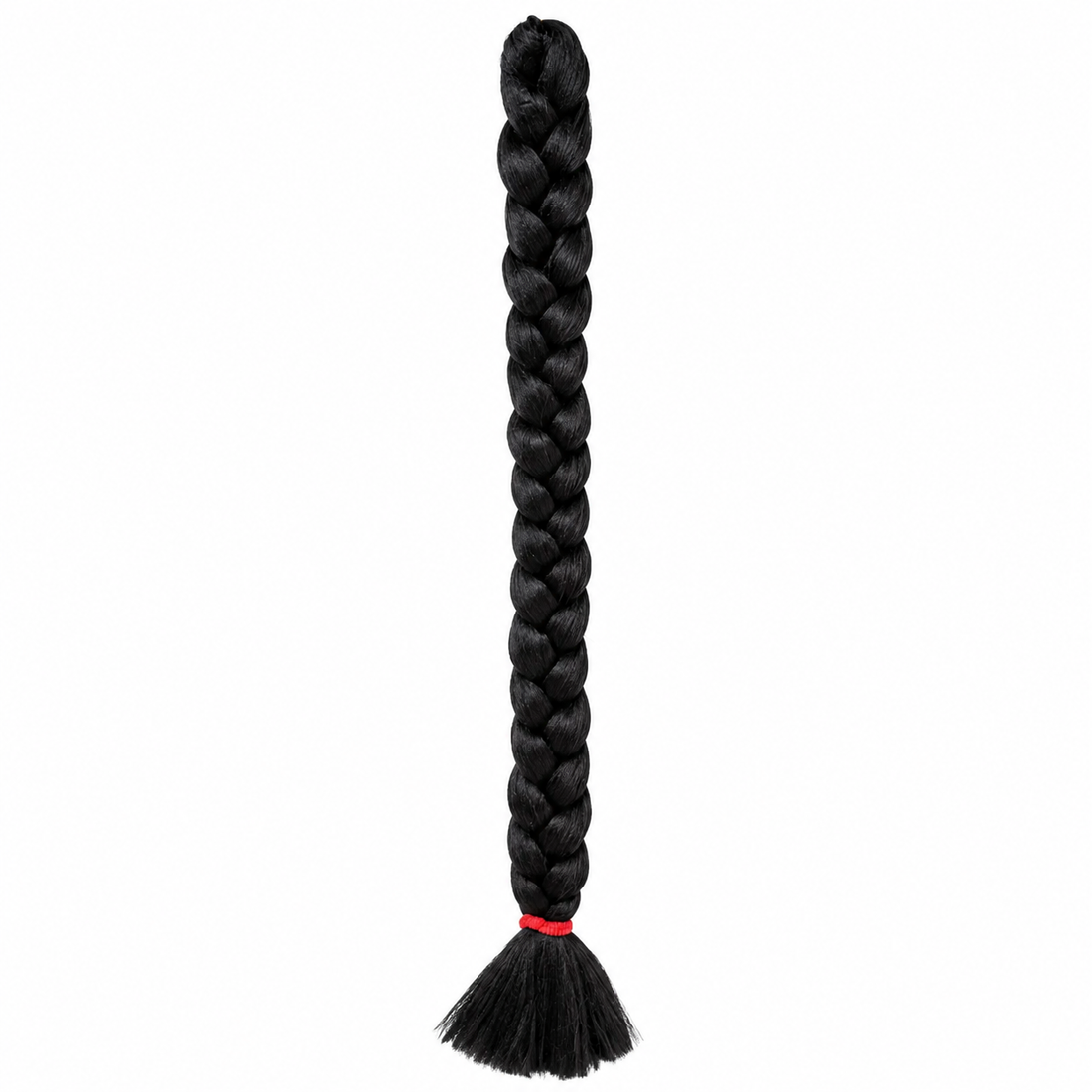 long black synthetic braiding hair extension neatly braided into a single plait with a smooth tassel end secured by a red elastic band, isolated on a clean white background.
