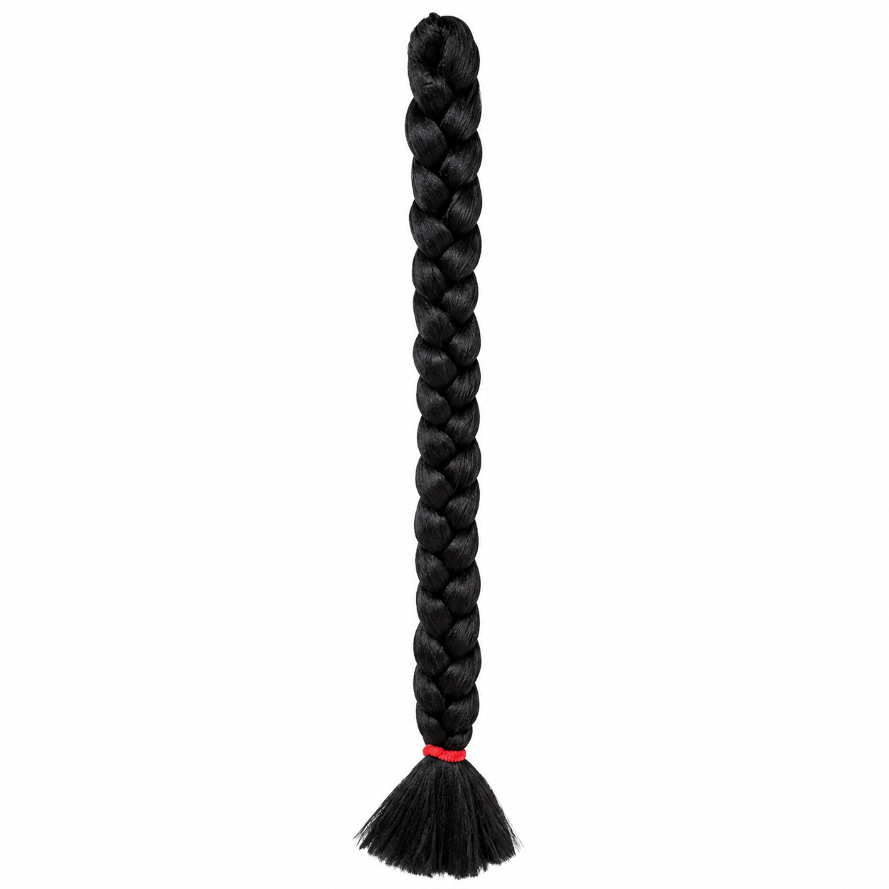 long black synthetic braiding hair extension neatly braided into a single plait with a smooth tassel end secured by a red elastic band, isolated on a clean white background.