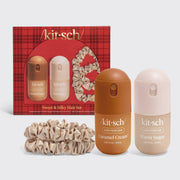 Kitsch Sweet & Silky Hair Set featuring a red plaid gift box, two hair perfume bottles (Caramel Cream and Warm Sugar), and two beige satin scrunchies on a light gray background.