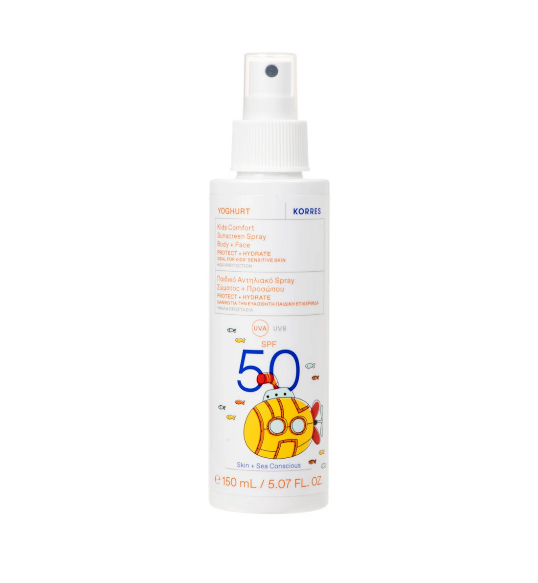 Kids Sunscreen Spray SPF 150ml – gentle, hydrating sun protection with yoghurt, coconut, and almond oils