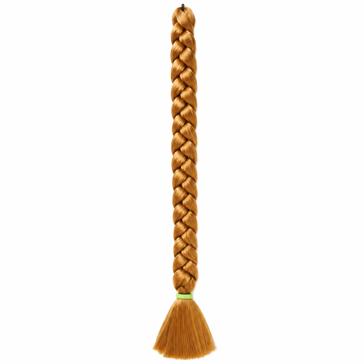 27 honey blonde long synthetic braiding hair extension in a neat three-strand braid with a smooth tassel end secured by a green elastic band, isolated on a clean white background.