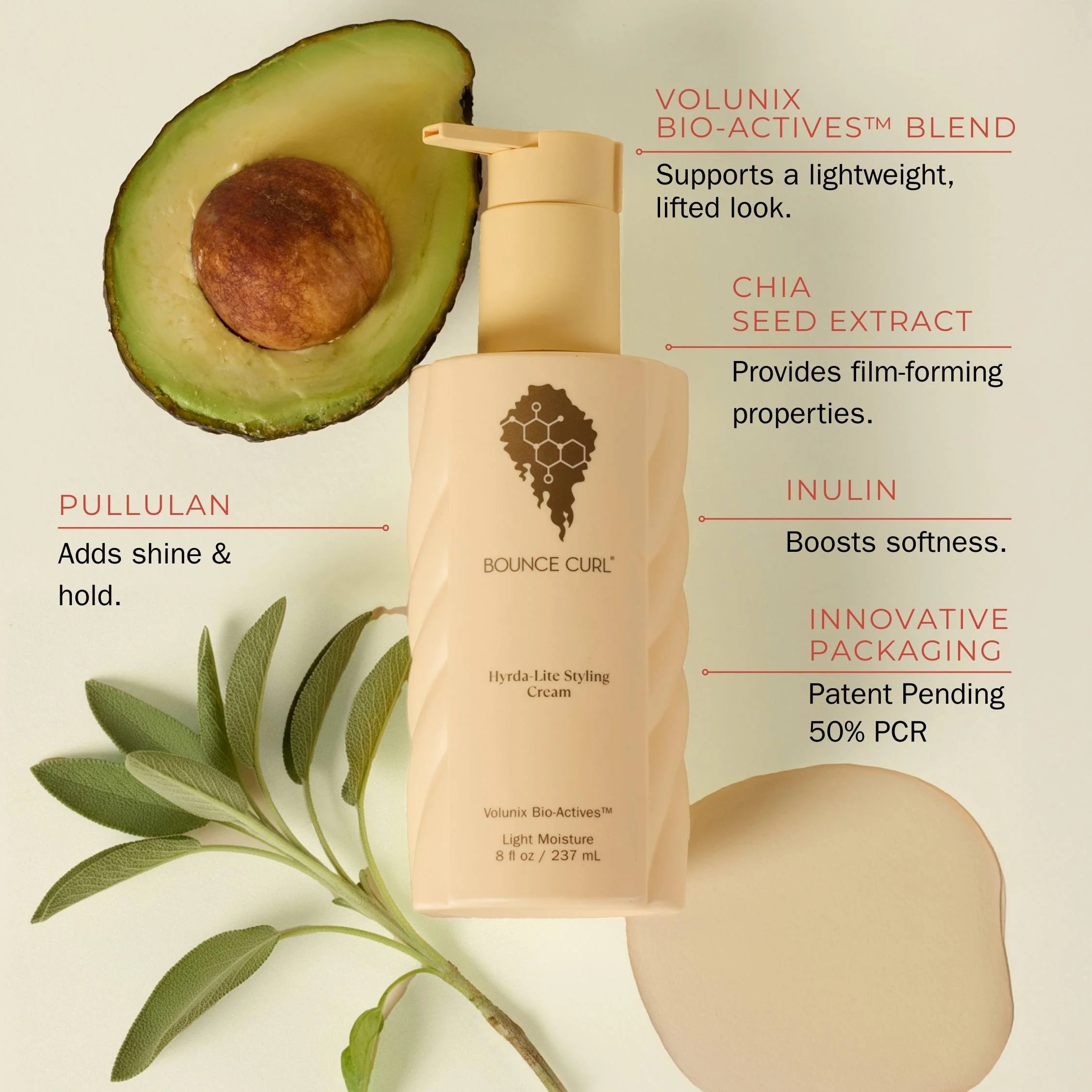Bounce Curl hydralite styling cream bottle with avocado and leaves on a light background