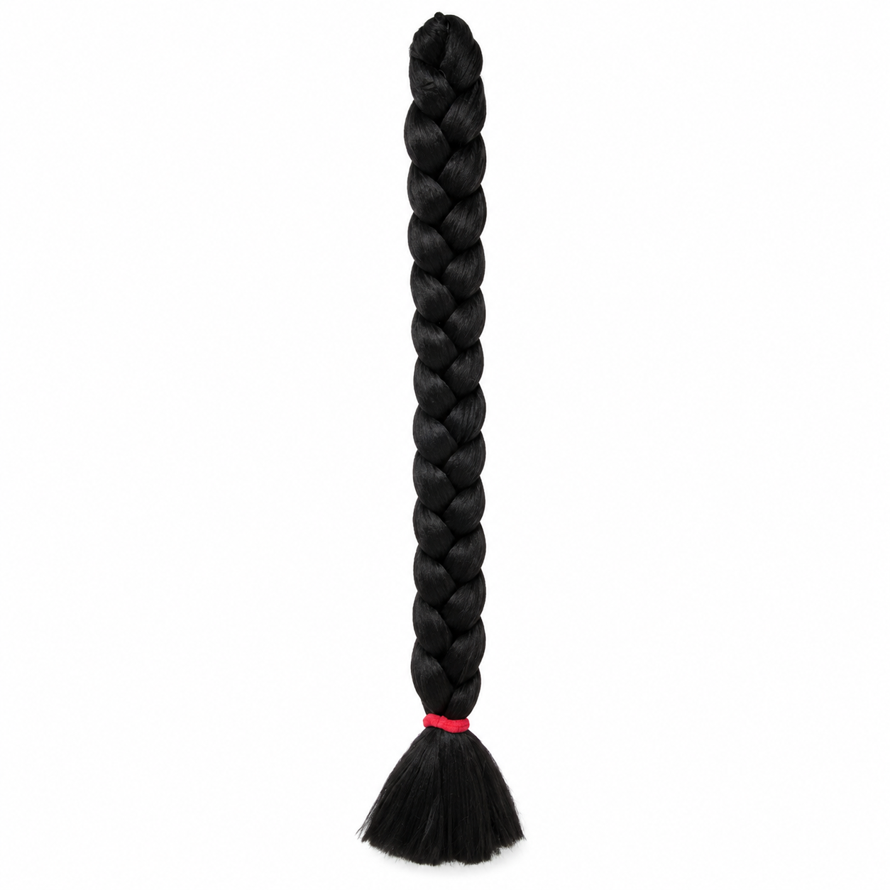 2 dark brown long synthetic braiding hair extension in a neat three-strand braid with a smooth tassel end secured by a red elastic band, isolated on a clean white background.
