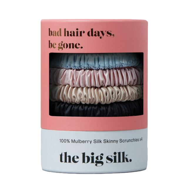 Packaging of 'the big silk' mulberry silk skinny scrunchies with text on a white background