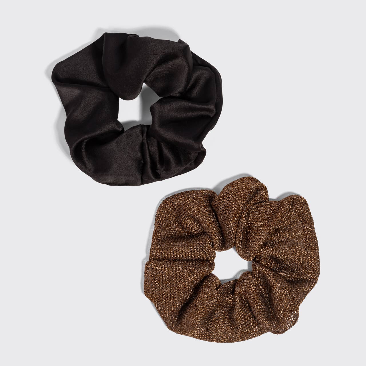 Kitsch Metallic Mesh Satin Scrunchies 2pc Set - Black & Chocolate