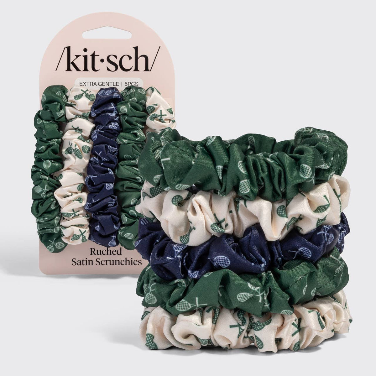 Kitsch Ruched Satin Scrunchies 5pc Set - Cream, Court Green & Navy Blue