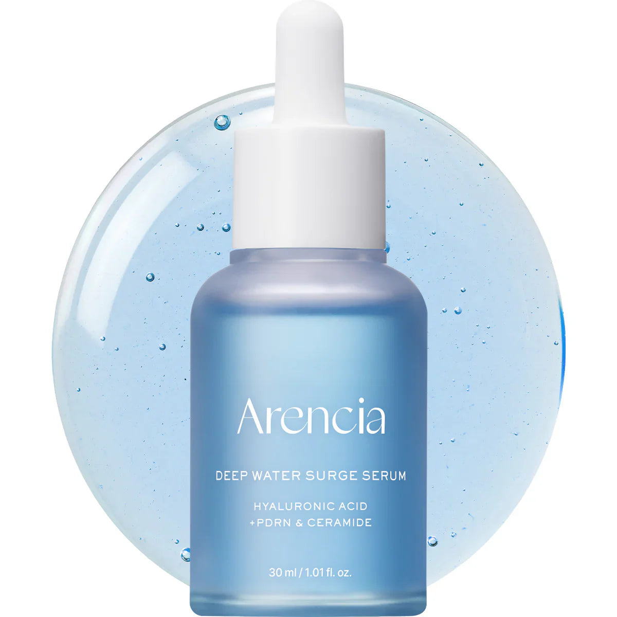 Arencia deep water surge serum bottle with dropper on a light blue background