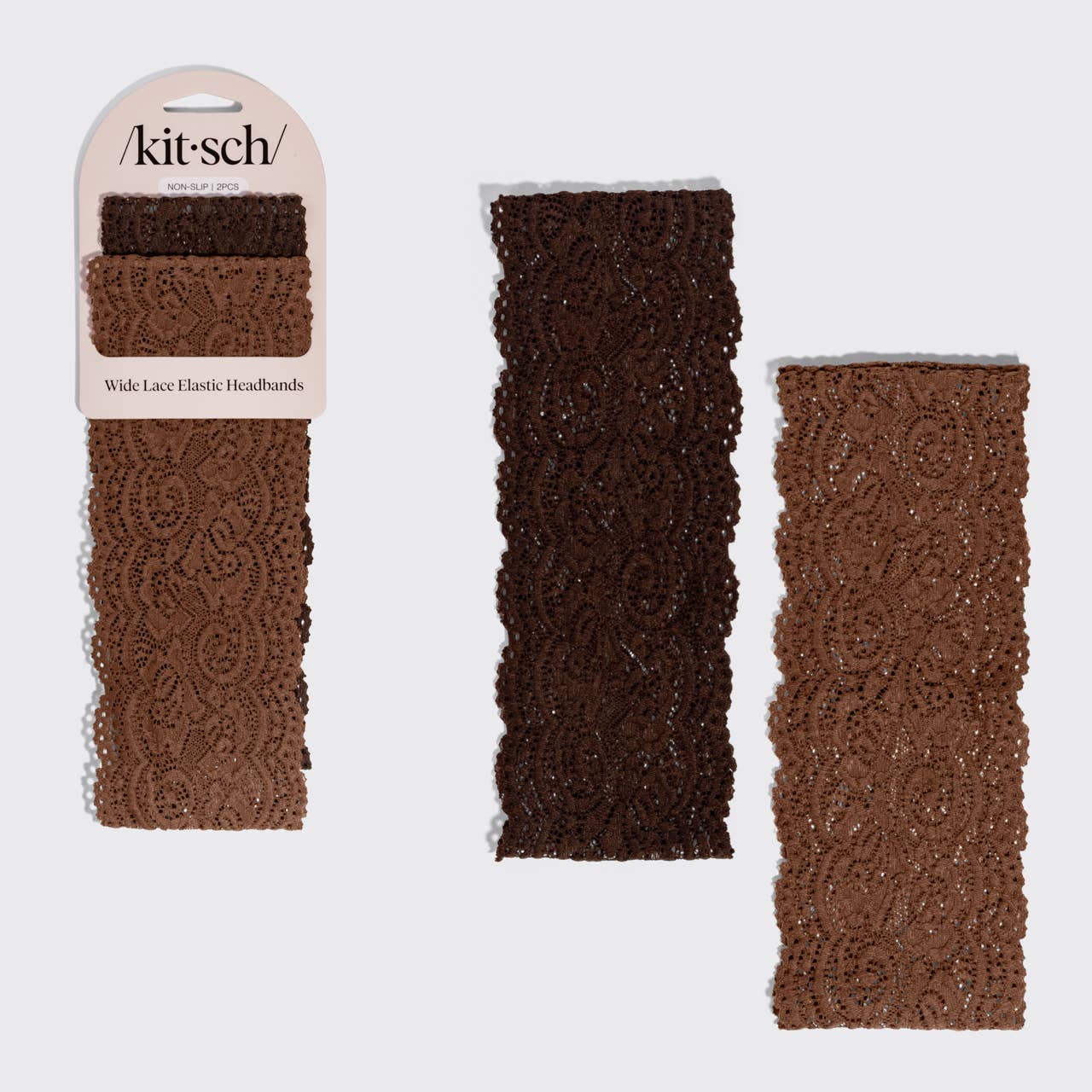 Kitsch Wide Lace Elastic Headbands 2pc Set - Mocha & Chocolate