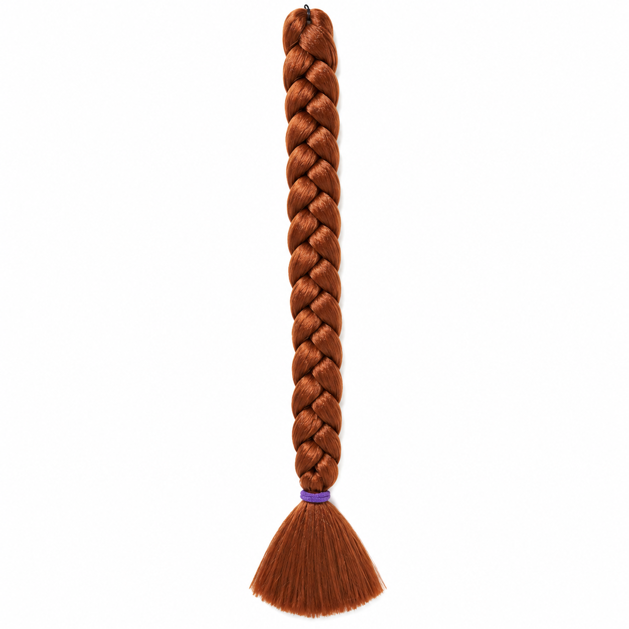 30 auburn long synthetic braiding hair extension in a neat three-strand braid with a smooth tassel end secured by a purple elastic band, isolated on a clean white background.