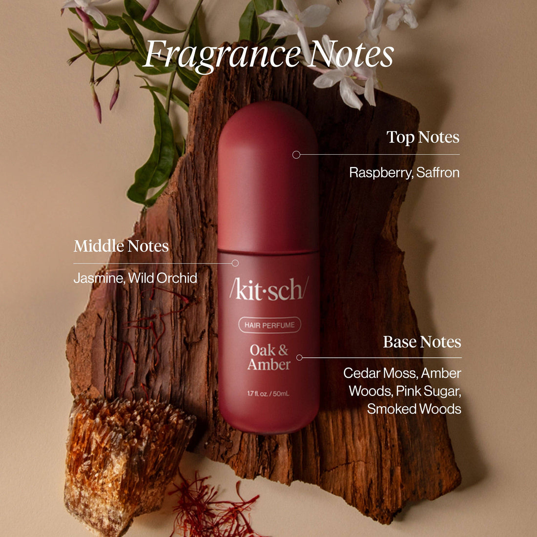 Kitsch hair perfume bottle on a wooden block with fragrance notes text overlay