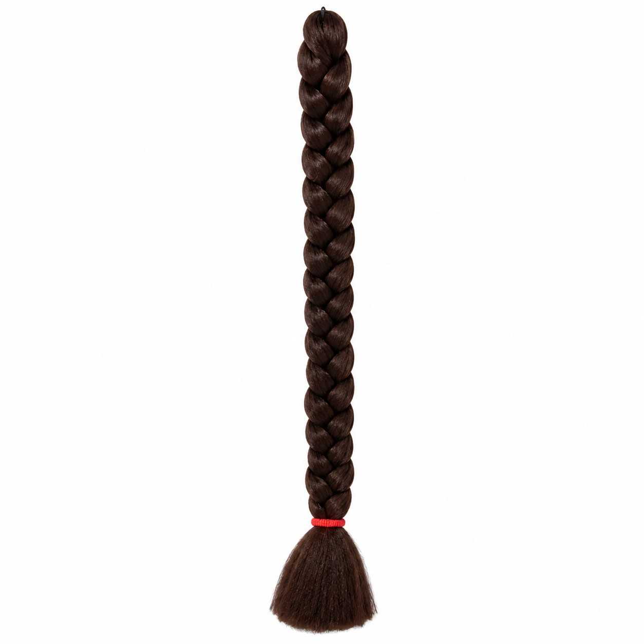33 dark auburn long synthetic braiding hair extension in a neat three-strand braid with a smooth tassel end secured by a red elastic band, isolated on a clean white background.