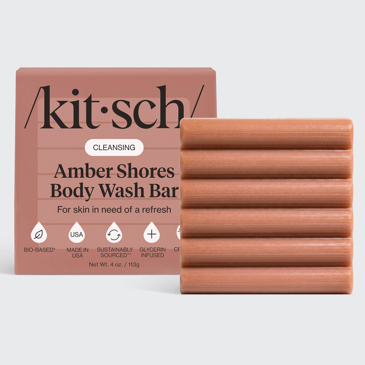 Kitsch Amber Shores Body Wash Bar packaging and bar on a white background