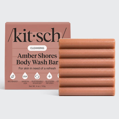 Kitsch Amber Shores Body Wash Bar packaging and bar on a white background
