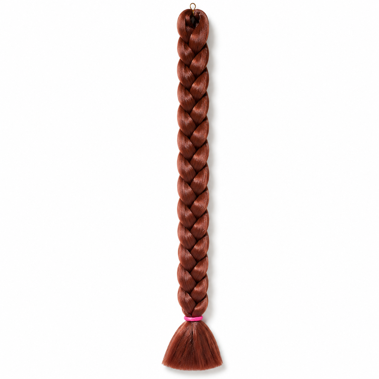 340 copper long synthetic braiding hair extension in a neat three-strand braid with a smooth tassel end secured by a pink elastic band, isolated on a clean white background