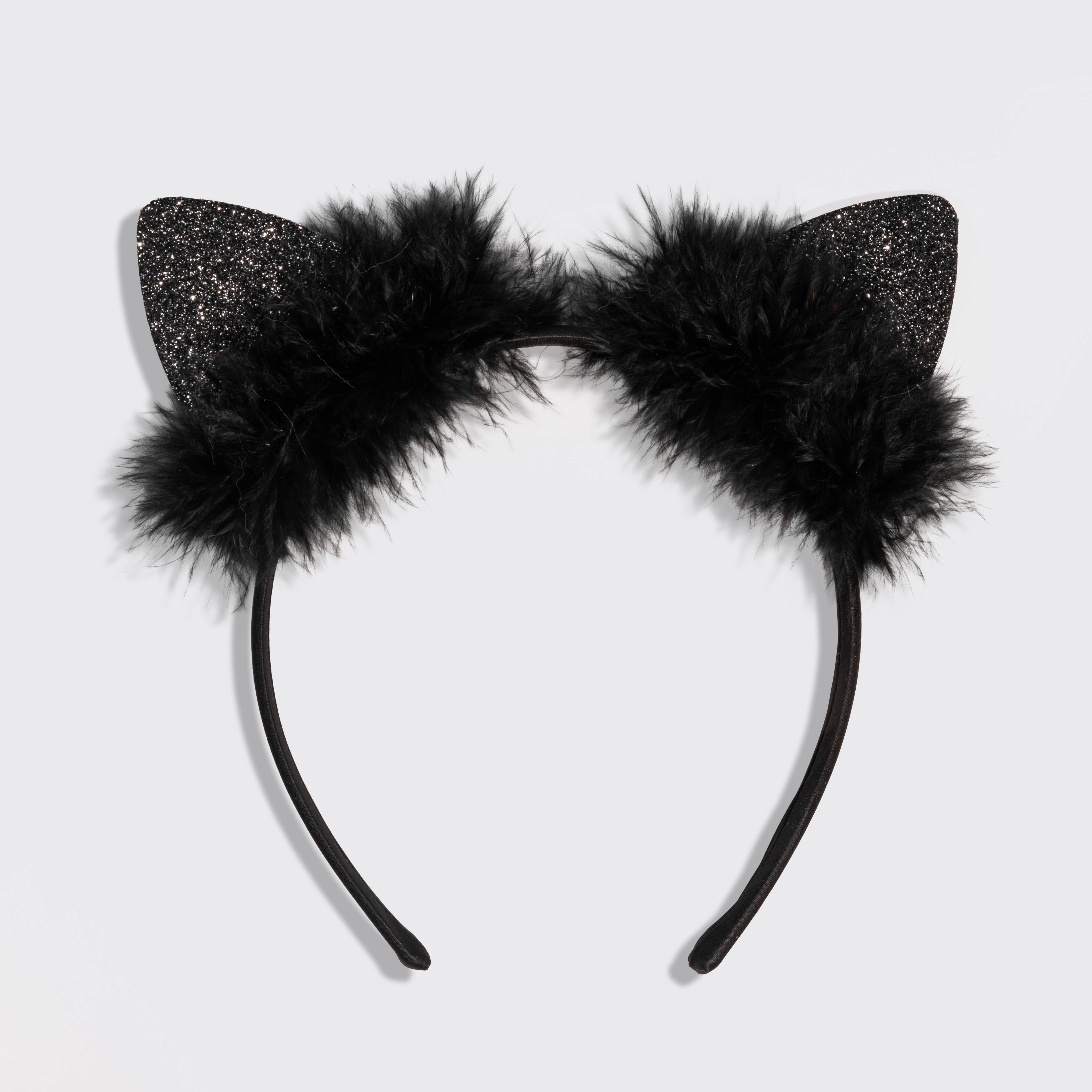 Kitsch Satin Cat Ears Headband - Black Glitter