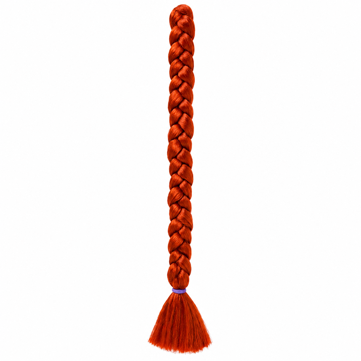 350 copper red long synthetic braiding hair extension in a neat three-strand braid with a smooth tassel end secured by a purple elastic band, isolated on a clean white background