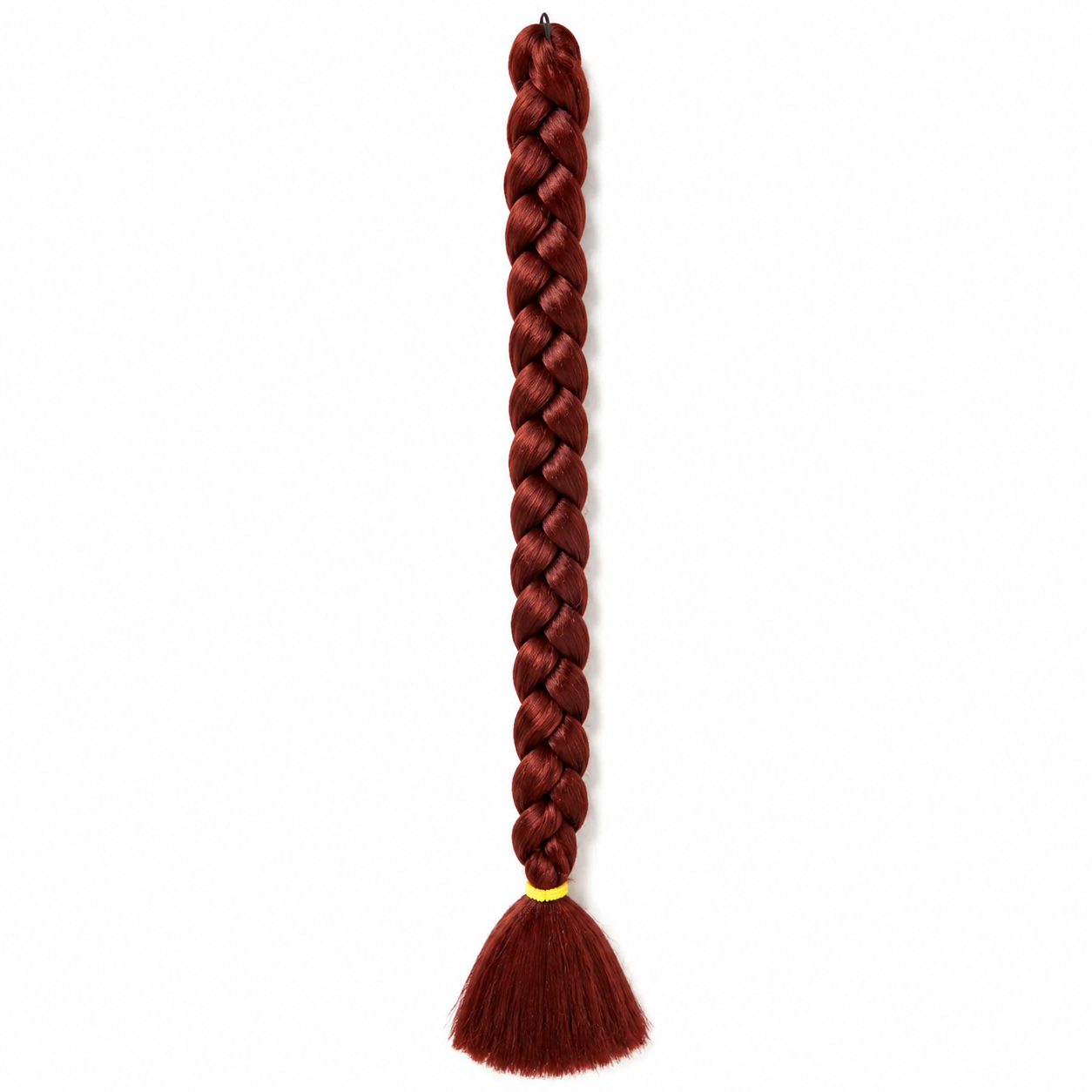 35 maroon long synthetic braiding hair extension in a neat three-strand braid with a smooth tassel end secured by a yellow elastic band, isolated on a clean white background
