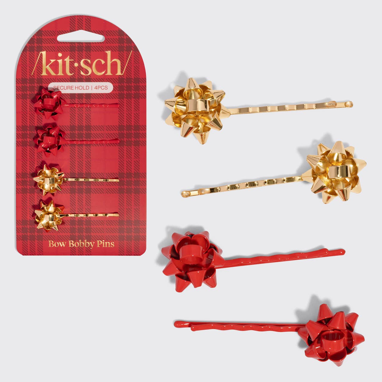 Kitsch Metal Gift Bow Bobby Pins 4pc Set - Red & Gold