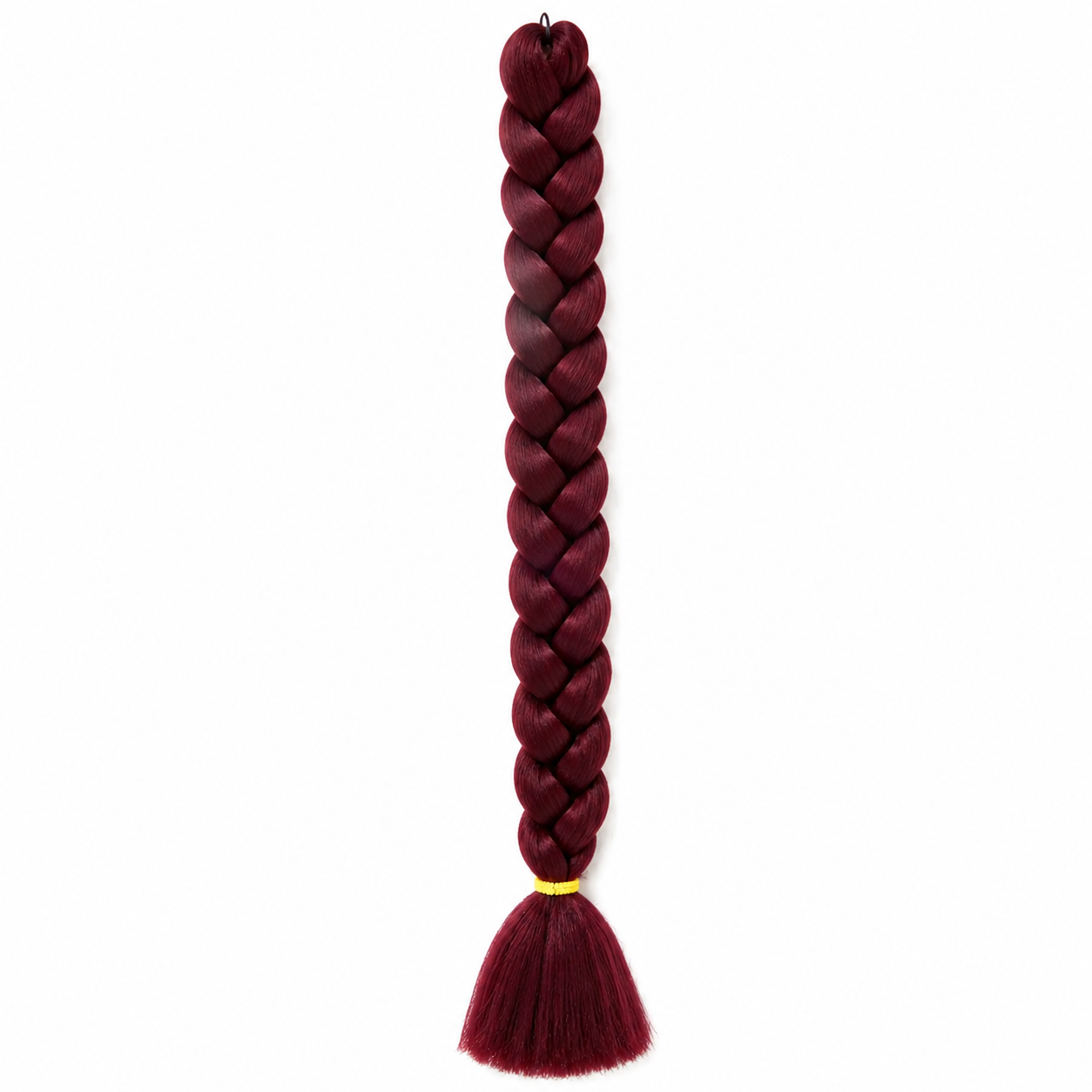 39 long synthetic braiding hair extension in a neat three-strand braid with a smooth tassel end secured by a yellow elastic band, isolated on a clean white background