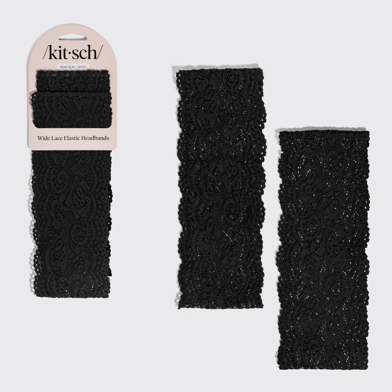 Three black wide lace elastic headbands from the kitsch/ brand, with one shown on its retail header card and two shown flat against a light gray background.