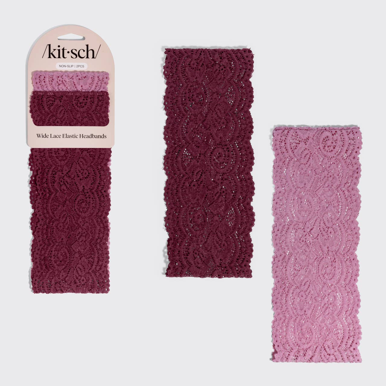 Kitsch Wide Lace Elastic Headbands 2pc Set - Cherry Lacquer & Dusty Pink