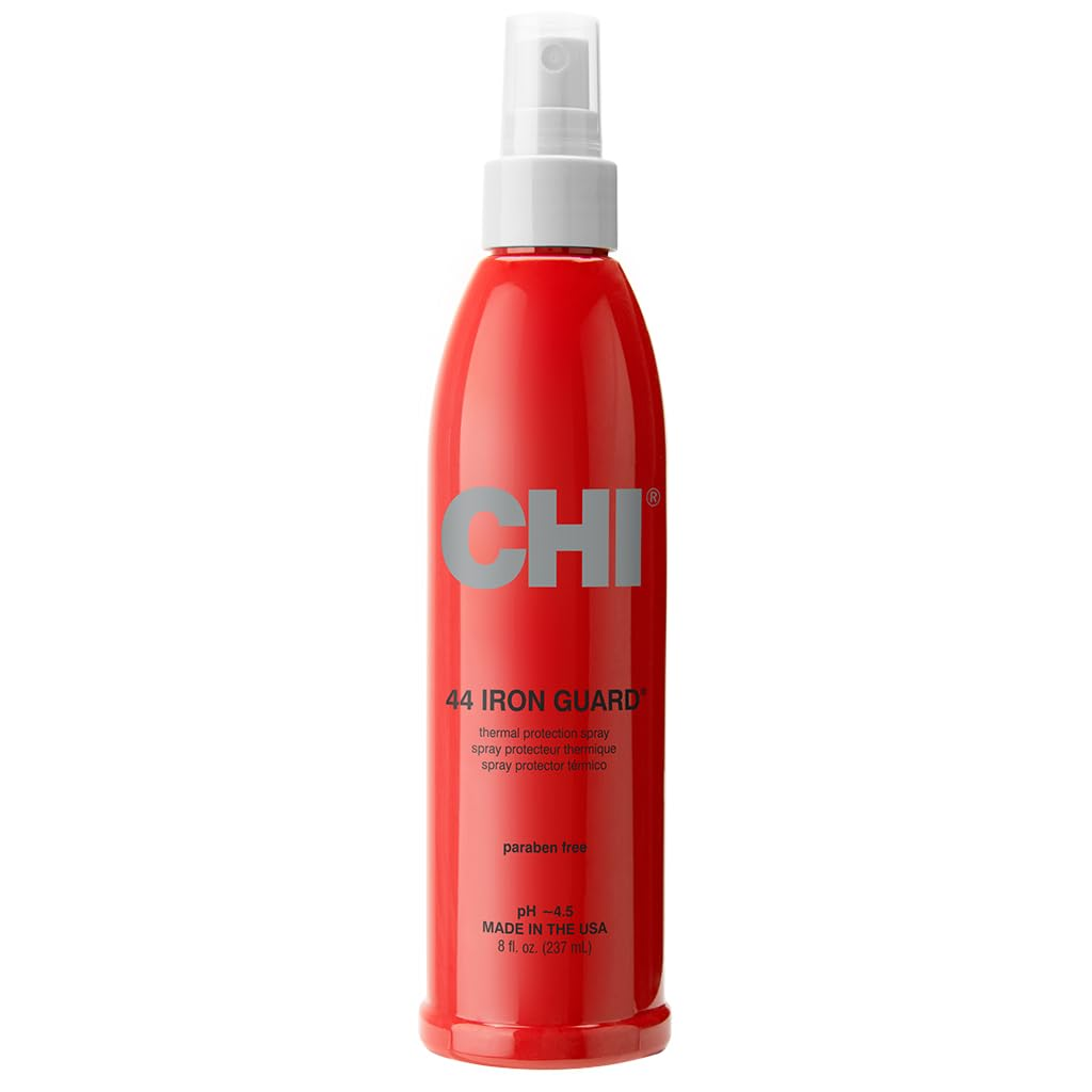 Red Bottle with white nozzle of CHI Iron Guard 44 Thermal Protection Spray designed to shield hair from heat damage. Lightweight formula enriched with vitamins, proteins, and ceramic for nourishing, moisturizing, and sealing hair cuticles before heat styling.