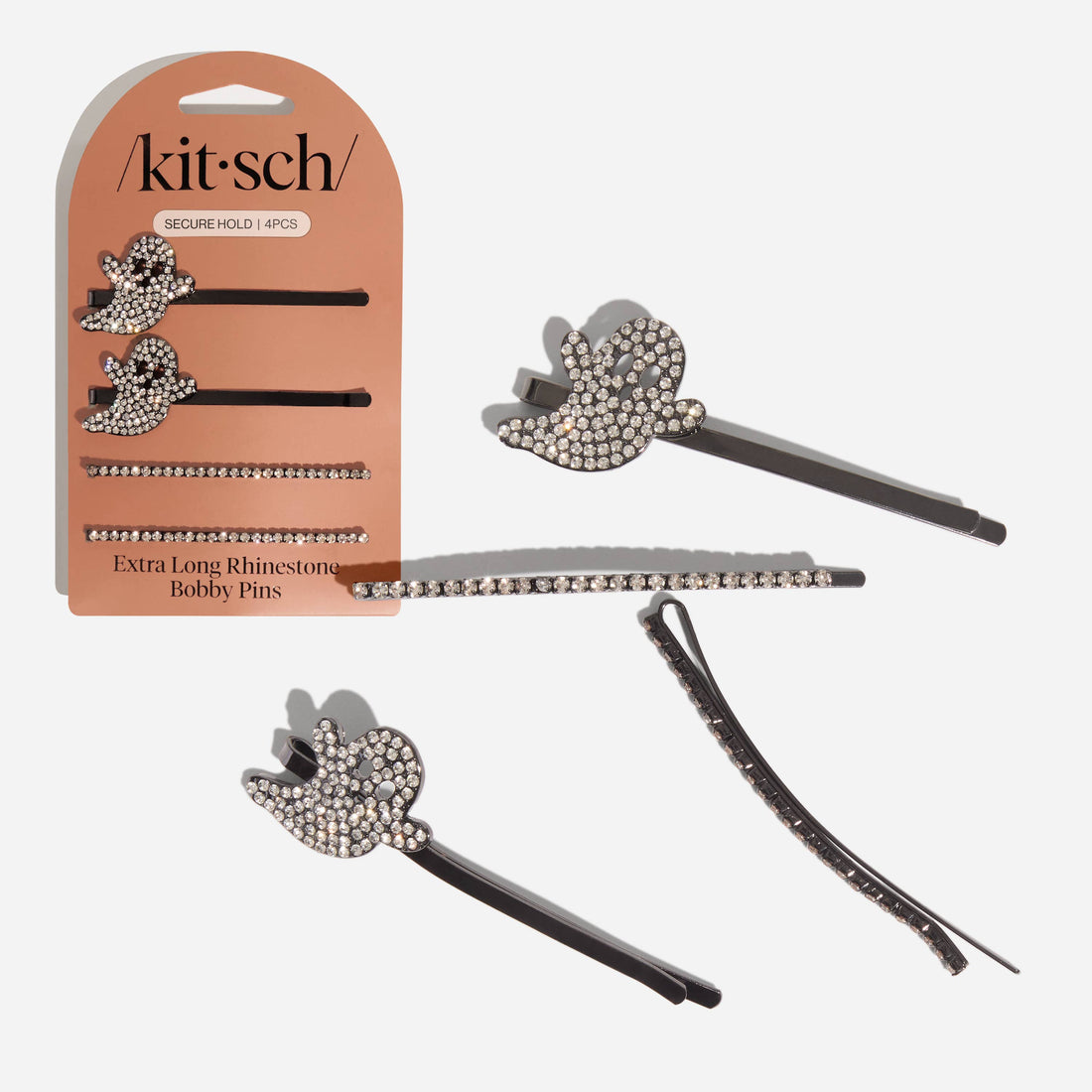 Kitsch Extra Long Metal Rhinestone Bobby Pins 4pc Set - Ghost