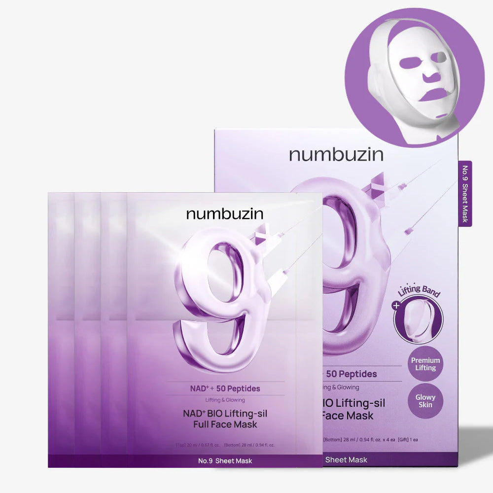 numbuzin No.9 Sheet Mask | NAD+ BIO Full Face Mask | Improves Jawline, Jowls, Wrinkles, Neck Lines | Peptides, NAD+, Collagen | Skin Firmness | 4 Sheets + Band