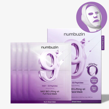 numbuzin No.9 Sheet Mask | NAD+ BIO Full Face Mask | Improves Jawline, Jowls, Wrinkles, Neck Lines | Peptides, NAD+, Collagen | Skin Firmness | 4 Sheets + Band