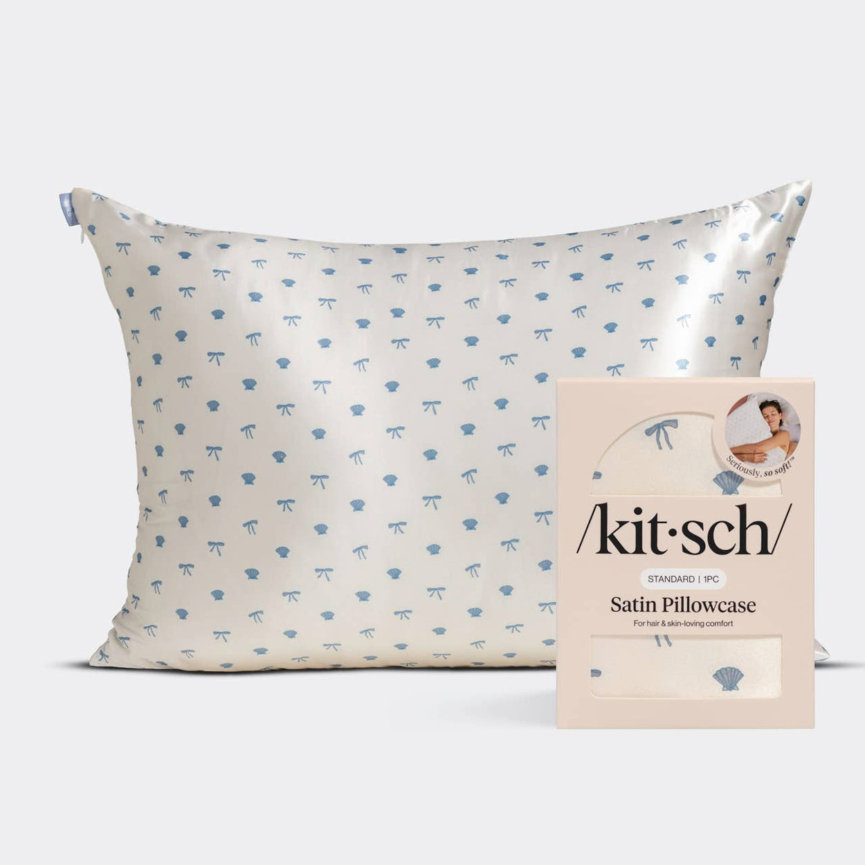 Kitsch Standard Satin Pillowcase - Pearlized Cream & Coastal Blue Print