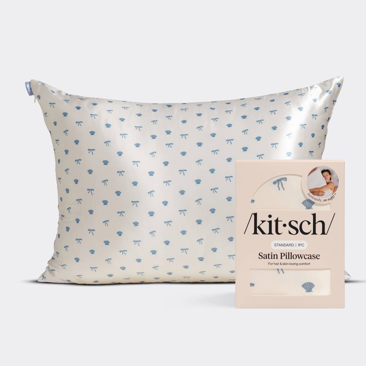 Kitsch Standard Satin Pillowcase - Pearlized Cream &amp; Coastal Blue Print