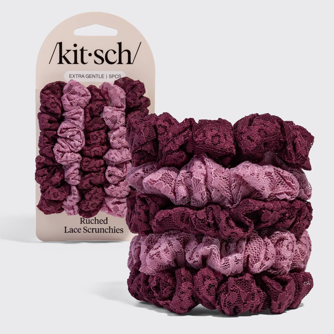Kitsch Ruched Lace Scrunchies 5pc Set - Cherry Lacquer & Dusty Pink