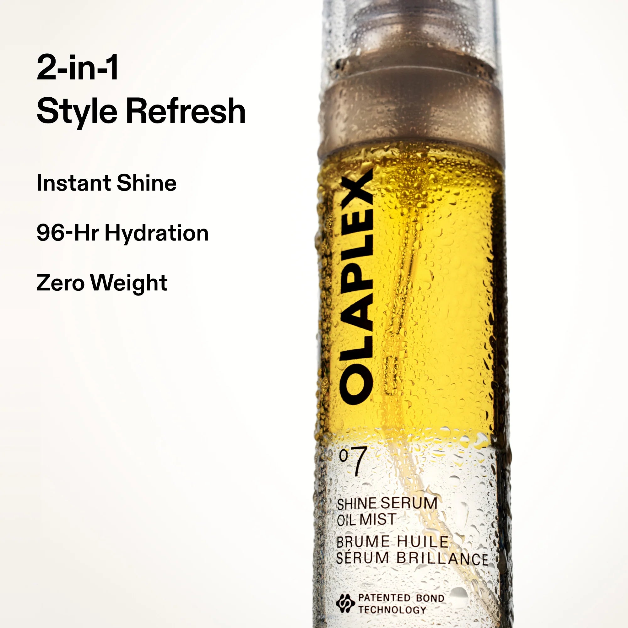 Olaplex No.7 Shine Serum Oil Mist delivering instant shine, 96-hour hydration and lightweight style refresh with a super-fine oil mist.
