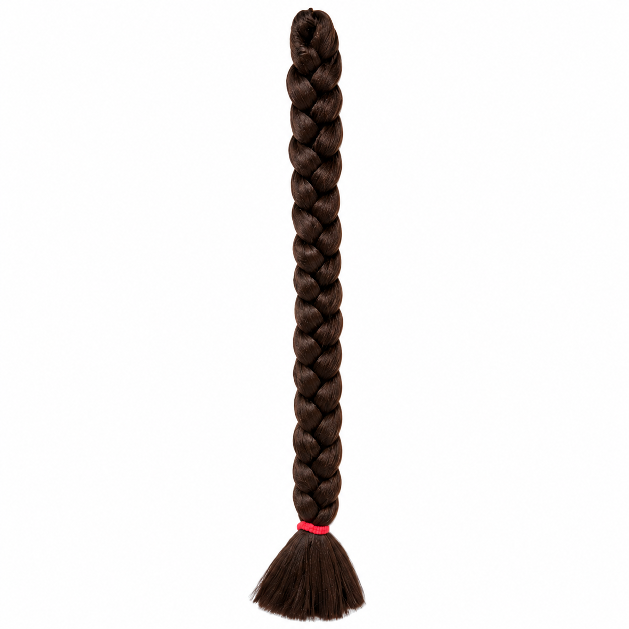 4 medium brown long synthetic braiding hair extension in a neat three-strand braid with a smooth tassel end secured by a red elastic band, isolated on a clean white background.