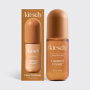 Kitsch Caramel Cream Hair Perfume bottle and its matching brown cardboard packaging box, displayed side-by-side on a light gray background.