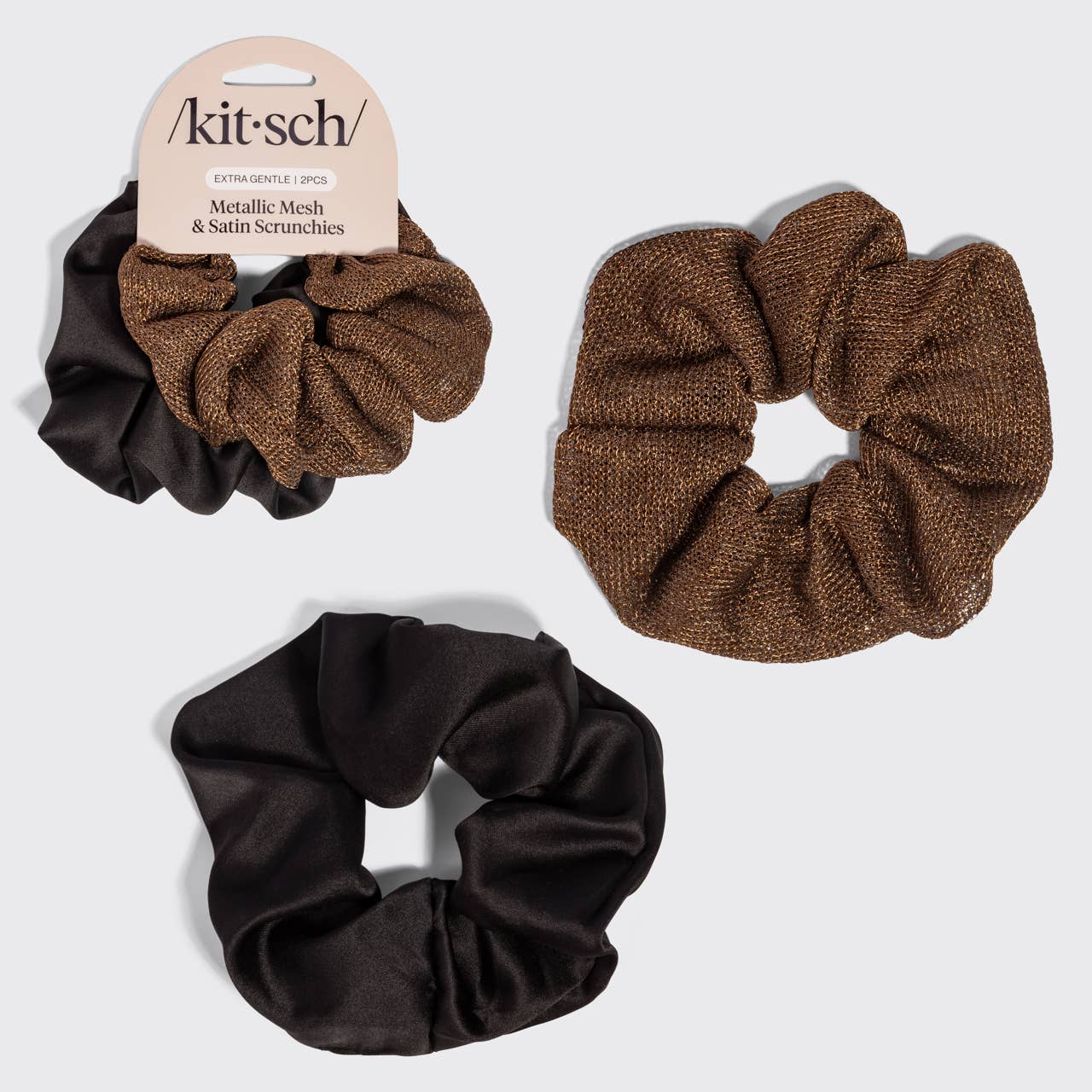 Kitsch Metallic Mesh Satin Scrunchies 2pc Set - Black & Chocolate